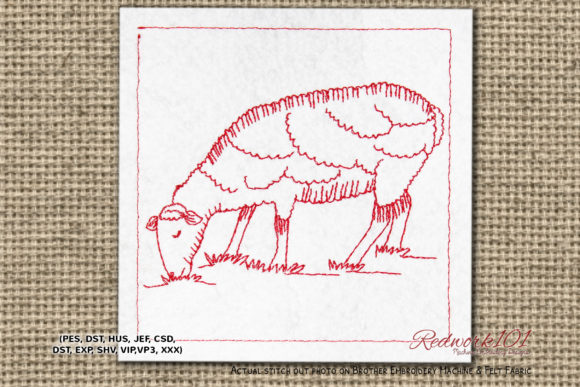 Sheep Grazes in Meadow Redwork